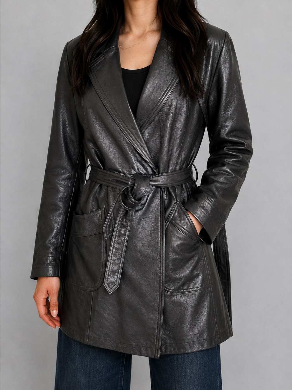 Vintage Black Leather Wrap Trench Coat - genuine leather
